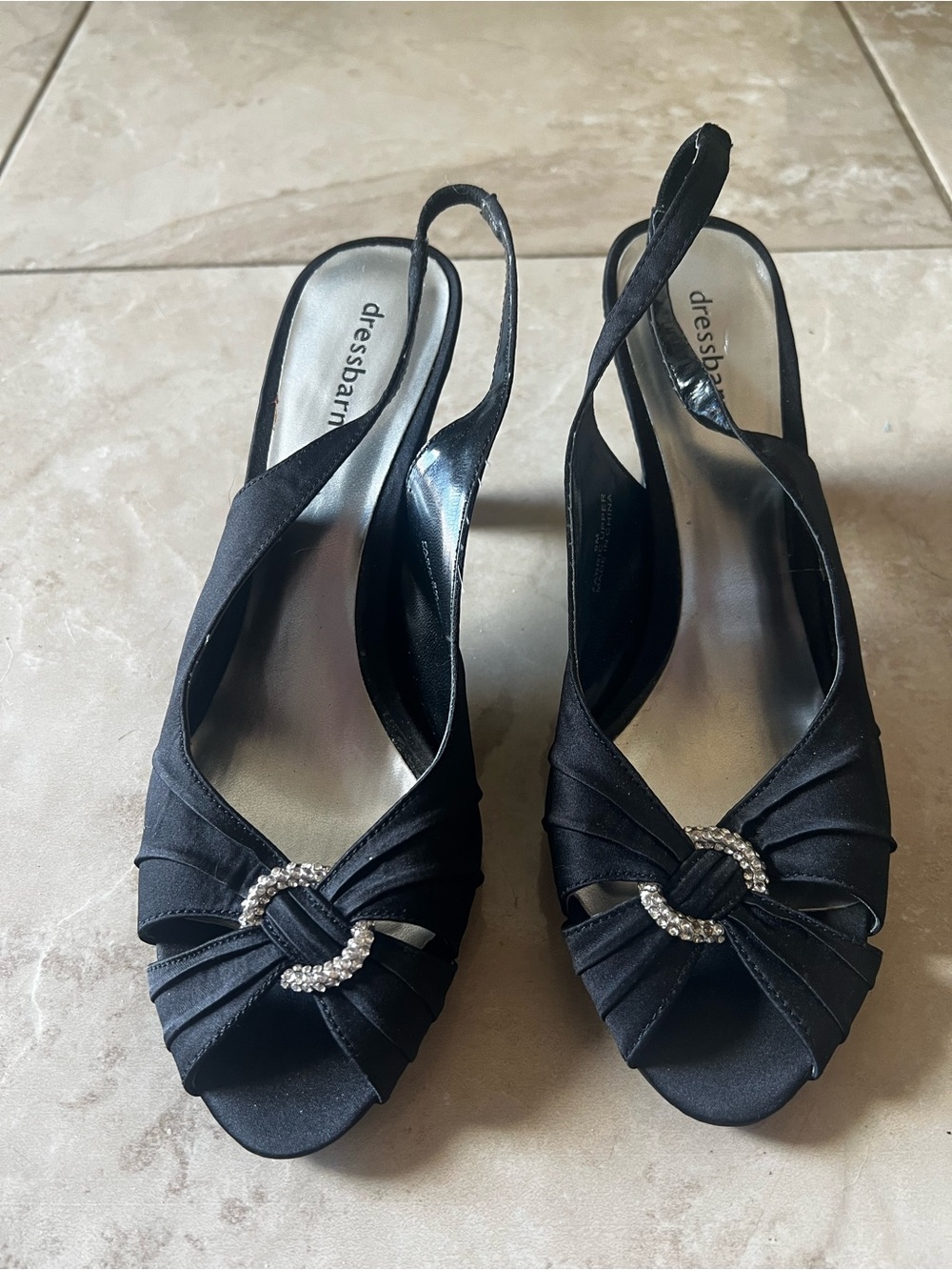 dressbarn Black Satin Slingback Peep-Toe Heels with Rhinestone Accent